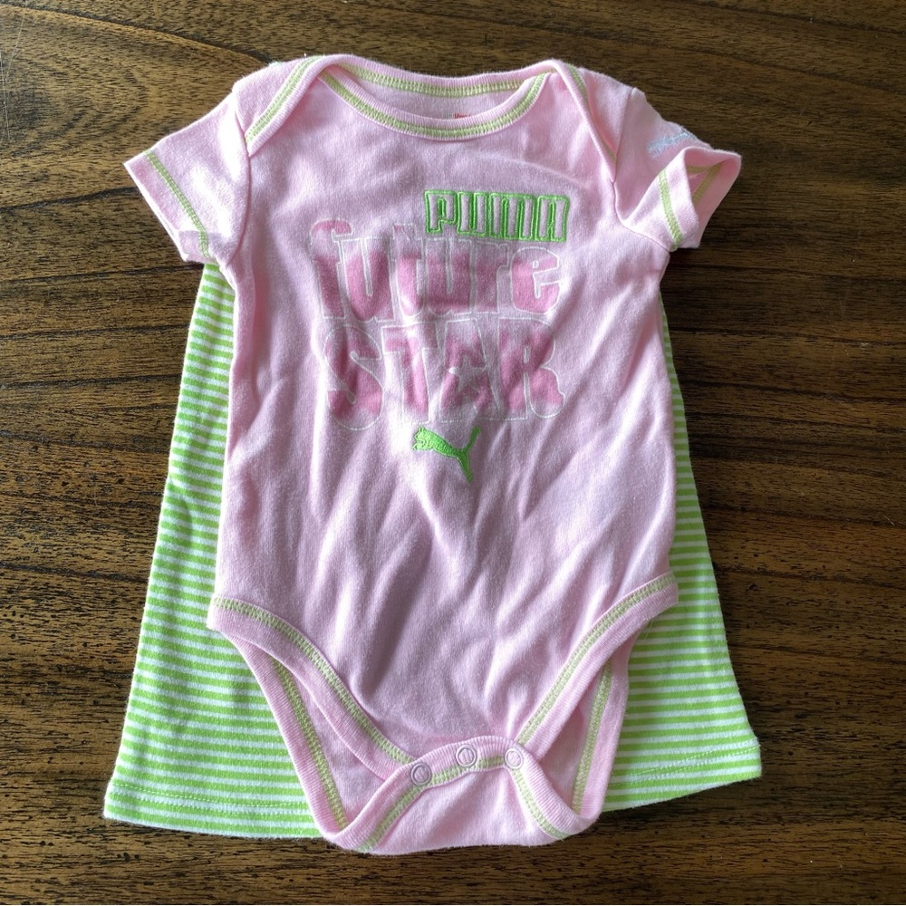 PUMA Pink Bodysuit “Future Star” + Stripe Pants Outfit | Baby 3–6 Months